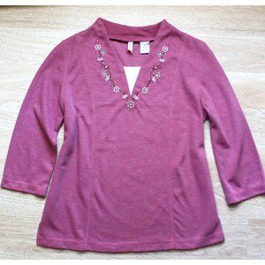 Unique Ribbed Knit Style Top Embroidery Mauve NICE